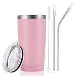 Joymaking 20 oz Travel Cup with Straw and Lids, Reusable Coffee Cup, Double Wall Vacuum Insulated Stainless Steel Tumbler, Personalised Travel Mugs for Hot & Cold, Great Gift for Women (Pink)…