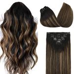 DOORES Hair Extensions Clip in Balayage Natural Black to Chestnut Brown Remy Human Hair Clip in Extensions Natural Hair Extensions Straight 20 Inch 7pcs 120g