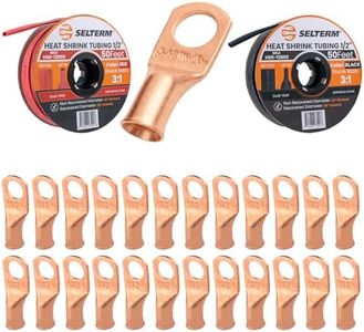 SELTERM 25pcs 4 AWG 3/8" Wide Battery Lugs with 1/2" 50ft Black & Red Marine Grade Heat Shrink Tubing Roll, 3:1 Dual Wall Adhesive, Heavy Duty Copper Wire Connectors for Battery Cable Ends & Terminals