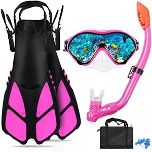 AosDero Kids Snorkeling Set with Flippers Panoramic Snorkel Mask Dry Top Snorkel Earplugs Gear Bag,Snorkeling Gear for Kids,Youth,Boys and Girls Age 5-12