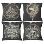 QVOOD Set of 4 Viking Odin Wolf Cushion Covers, Linen Cushion Covers, Decorative Cushion Covers, Sofa Cushion Cover, Lounge Cushion Cover for Sofa, Couch, Car, Bedroom, Home Decor, White, 45 x 45 cm