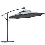 Outsunny 10FT Solar Powered Patio Umbrella, Round Offset Cantilever Umbrella with Crank and Cross Base for Outdoor, Pool and Garden, Hanging Umbrella with LED Lights, Light Grey