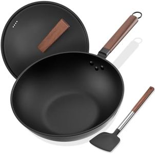 Todlabe Carbon Steel Wok, 13-Inch, Pre-Seasoned, Non-Stick, with Lid and Spatula, Flat Bottom, Ideal for Stovetop Cooking