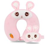 Travel Pillow, Kids Travel Pillow with Sleep Eye Mask, Soft Memory Foam Neck Pillow for Kids Boys & Girls, Teens, Travel Accessories for Airplane - Pink Rabbit Neck Pillow