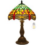 Tiffany Table Lamp W12H18 Inch Green Yellow Stained Glass Shade Crystal Bead Dragonfly Style Anqitue Desk Light S009G WERFACTORY Lamps Living Room Bedroom Coffee Bar Office Study Bedside Craft Gifts