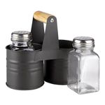 Glass Salt and Pepper Shaker Set with Metal Tin Storage Holder