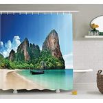 MEKPAM Tropical Decor Shower Curtain Railay Beach In Krabi Thailand Small Boat Crystal Water Rock Cliff Tropical Landscape Bathroom Bule Green 180X180cm/71X71 Inch