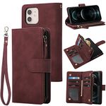 RANYOK Wallet Case Compatible with iPhone 11 (6.1 inch), Premium PU Leather Zipper Flip Folio Wallet with Wrist Strap Magnetic Closure Built-in Kickstand Protective Case (Wine Red)