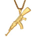 Mens AK47 Assault Rifle Gun Pendant Necklace with 18K Gold Plated Wheat Chain