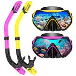 Snorkeling Gear for Adults, Dry-Top Snorkel Set Scuba Diving mask, 180°Panoramic Wide View Professional Snorkeling Gear Breathing Freely Snorkel Mask (Purple+Yellow)