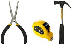 STANLEY 84-096-23 Needle Nose Miniature Plier-5'' & 5 Meter Plastic Short Measuring Tape (5m)(Yellow) & Claw Hammer with Steel Shaft for masonry, 220 grams(Black and Chrome)