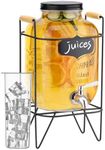 Navaris Glass Jar Drink Dispenser with Tap - Includes Metal Stand, Ice Tube, and Fruit Infuser - for Cocktail, Lemonade, Water or Beverage Stand - 5.3QT (5L)