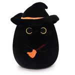 Yamepuia Black Cat Stuffed Animal Toy, Halloween Cat Plushies, Soft Halloween Plush Cat with Hat, Halloween Plush Witch Black Cat Doll, Halloween Cat Plush Gift for Kids