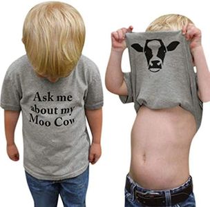 GObabyGO Baby Ask me About My moo Cow, Toddler Kids Baby Boys T-Shirt Short Sleeves Summer Tops, Gray, 4-5T