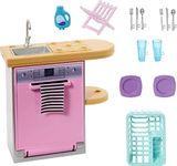 Barbie Furniture & Accessories Set, Doll House Décor, 10+ Pieces for Kitchen Include Dishwasher with Working Door & Sliding Rack, Plus Attached Sink & Counter