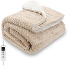 PROALLER Heated Blanket, Electric heated throw 160x130CM Beige, 10 Levels &1-9H Timer Auto-Off, Machine Washable, Soft Flannel Sherpa and Full Body Warming, Sofa Bed Office Use, warm blanket, electric