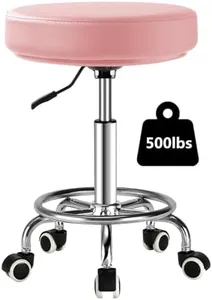 LIMKOMES Adjustable Rolling Stool with Wheels Heavy Duty 500lb Round RollingStool with Footrest, Patent Leather Drafting Stool Chair with Wheels Work Spa Salon Seat, Pink