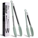 Hotec Premium Stainless Steel Locking Kitchen Tongs with Silicon Tips, Set of 2-9" and 12" Light Green