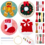 JSRQT 4Pcs Christmas Punch Needle Coasters Kit, Punch Needle Embroidery Starter Kit for Beginner Adults with Sock Garland Gift Design, Rug Hooking Kit Drink Car Coaster with Punch Needle DIY Craft