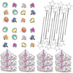 Neliblu Princess Dress-Up Set - 12 Heart Stone Tiara, 12 Sparkling Star Wands, & 24 Rhinestone Rings - Pretend Jewelry & Accessories for Fairy-Themed Birthdays - Princess Party Favors for Ages 3-5