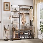 YITAHOME Coat Rack Stand with Shoe Storage, Tall Hall Tree with Bench Industrial Coat Rack with 9 Hooks and 5 Shelves Clothes Rail for Bedroom Living Room Hallway Entryway, Rustic Brown