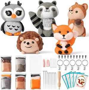 WATINC Set of 5 Woodland Wool Needle Felting Kit, Fox Owl Hedgehog Squirrel Raccoon Animal Doll Wool Felt Needle Felting Tools Foam Pad, DIY Needle Felting Craft Party Supplies for Beginners