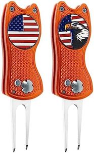 FINGER TEN Golf Divot Repair Tool and Ball Marker Switchblade Value Pack, Foldable Magnetic Stainless Steel with Pop-up Button (2 in Orange+2 Ball Marker)
