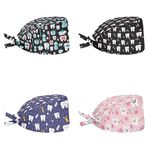 Yuuxorilu Scrub Cap Set 4 Pack,Women Men Working Cap with Adjustable Tie Sweatband, Teeth, One Size