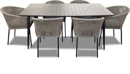 QUBOX 6 Seater Patio Furniture Dining Set, Wooden Dining Table and Rope Chairs Set, Conversation Set Outdoor Dining Set for Garden, Balcony, Poolside, Backyard, (Light Grey Wicker)