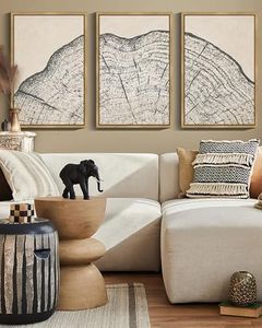 PHOPAGO Farmhouse Vintage Framed Wall Art Large 16x24in Set Gray Wood Tree Ring Spirals Nature Abstract Drawings Rustic Modern Art Decor for Living Room Bedroom - Natural Framed