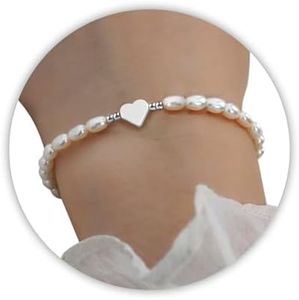DAYANEY Pearl Bracelets for Women Silver Heart Bracelet as Mothers Day Gifts for Mom, 4 MM Cute Charm Braclet Dainty Stretch Braclets for Bride Wedding Gifts Bridal Jewelry Birthday Accessories