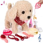 GOBRILLFUN Interactive Walking Plush Puppy Toy Dog, Realistic Wagging Tail Robot Dog, Grooming Set, Perfect Christmas Birthday Gift Toys for Girls and Boys, Kids Age 3, 4, 5, 6+ (Golden)