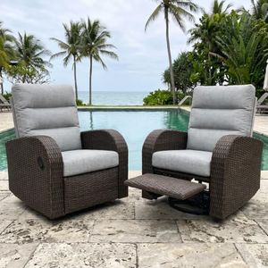 Vakollia Outdoor Swivel Recliner Chair Set of 2, All-Weather Wicker Reclining Patio Chair with Adjustable Backrest and Footrest