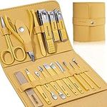 Manicure Set Professional Nail Clippers Pedicure Kit, 16 pcs Stainless Steel Nail Care Tools Grooming Kit with Luxurious Travel Leather Case for Thick Nails Men Women Gift (Yellow)