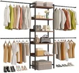 DWVO Closet Organizer System for Bedroom, Adjustable Heavy Duty Garment Rack Walk In Closet System, 4 Expandable Hanger Rods 5-Tier Wood Closet Storage Shelves with Backplane, Fits 6-9 ft Space, Black