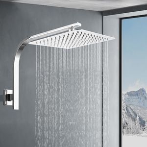 ACA International WELS 10" Square Rain High Pressure Shower Head with Gooseneck Shower Arm Swivel Overhead Shower Head Stainless Steel Set for Bathroom (Chrome)