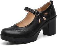 DADAWEN Women's Leather Classic Mary Jane Ankle Strap Round Toe Mid Heel Platform Pumps Oxfords Dress Shoes Black US Size 6