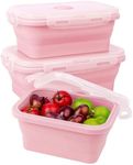 MECHEER Collapsible Food Containers Silicone Lunch Box Meal Prep Containers Reusable Food Storage Containers with Lids Airtight Freezer Microwave Safe Stackable Lunch Box Bento Box Set of 3, Pink