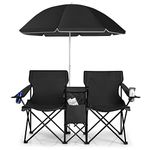 COSTWAY Double Camping Chair, Portable Folding Loveseat with Umbrella, Ice Bag, Cup Holder & Carrying Bag, Outdoor Garden Seaside Fishing Picnic Leisure Lover Chairs Set (Black)