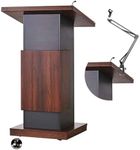 Npeeson Portable Podium Stand Mobile Lectern with Locking Wheels and Adjustable Microphone Stand, Conference Room Wooden Podium Table, Reception Podium Desk for Auditorium Classroom (Brown)