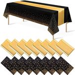 16Pack Disposable Plastic Tablecloths and Satin Table Runner Set Black Gold Dot Table Cloth Gold for Graduation Wedding Birthday Baby Shower Anniversary Holiday Party Decorations