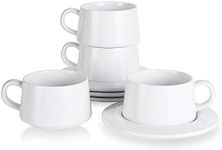 Kanwone Porcelain Stackable Cappuccino Cups with Saucers - 8 Ounce for Specialty Coffee Drinks, Cappuccino, Latte, Americano and Tea - Set of 4, White