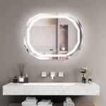 Tangkula 28" x 36" LED Bathroom Mirror, Single Beveled Edge Anti-Fog Mirror with 3 Color LED Light, Memory Function, Time & Temperature Reading, Shatter-Proof HD Elliptical Mirror for Bathroom