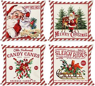 PANDICORN Vintage Christmas Pillow Covers 18x18 Set of 4 for Christmas Decorations, Red Retro Christmas Santa Trees Candy Cane Sleigh Rides Reindeer, Rustic Country Holiday Decor Throw Pillows Cases