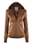 Made By Johnny Faux Leather Jacket Women Motorcycle Coat for Biker with Removable Hood, Wjc664_camel, Medium