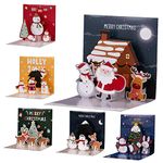 Christmas Cards, 6 Pack Small Pop Up Christmas Gift Card with Envelopes Stickers, 3D Cute Holiday Greeting Cards Santa Snowman Reindeer Xmas Tree Bulk Set Box Christmas Cards Assortment 4.3x4.3inch