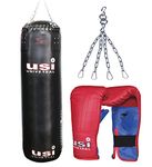 USI UNIVERSAL THE UNBEATABLE Boxing Kit, 626PU Fury Filled Boxing Punching Bag, Combo Of 180cm Heavy Punch Boxing Bag With 617LT Bouncer Punching Gloves (Size L/XL) & Chain Set