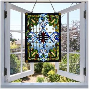 Fine Art Lighting Tiffany Stained Glass 20" x 29" Window Panel, 100% Genuine Stained Glass, 480 Glass cuts, 20 by 29-Inch, Hanging Chain Included, Blue