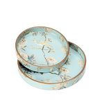 DULI Set of 2 MDF Wood Trays Enamel Coated| Round Wooden Serving Trays | Kitchen&Dining Decorative | Resin Tray | Handmade | 7x7 & 9x9 inches (Setof2Round: AquaGoldBirds)