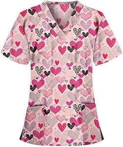 Valentines Scrubs for Women Sets Plus Size Spring Cute Heart Printed Scrubs Tops V-Neck Short Sleeve Nurse Shirt Funny Pattern Holiday Nursing Medical Uniform Workwear 03-Pink 5XL